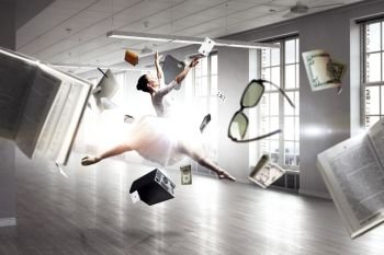 The beautiful ballerina dancing in white dress. Mixed media. Elegant ballerina dancing. Mixed media