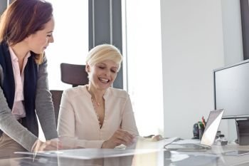 Smiling businesswoman and female manager reviewing project in office