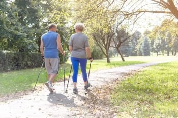 Rear view of senior couple with hiking poles walking in park