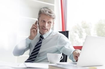 Businessman talking on phone while using laptop at office desk