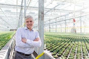 Portrait of confident mature owner standing with arms crossed at greenhouse