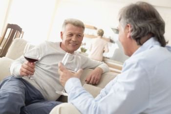 Smiling mature men talking while sitting in living room at home