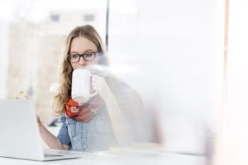 Busy businesswoman having sandwich and coffee while working at desk