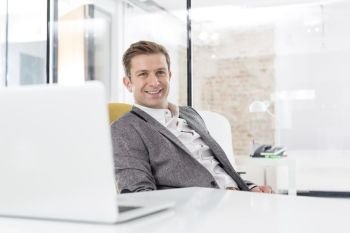 Portrait of businessman smiling while sitting at desk