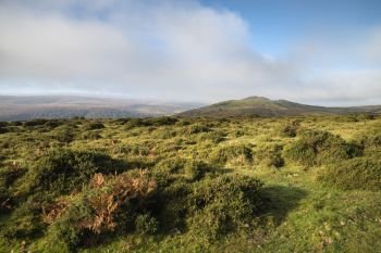 Beautiful lansdcape view across Dartmoor during misty Autumnal morning