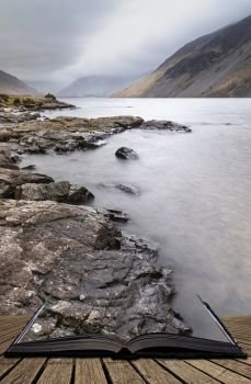 Beautiful long exposure landscape image of Wast Water in UK Lake District coming out of pages in story book
