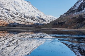 Beautiful Winter landscape image of Loch Achtriochan in Scottish Highlands with stunning reflections in still water with crytal clear blue sky