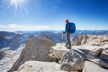 Climber on Mt. Whitney. Beautiful landscapes in Eastern Sierra, California, USA, Beautiful natural background
