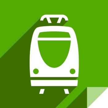Tram, transport flat icon, sticker square shape, modern color. Transport on the road