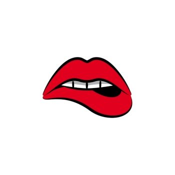 Womans sensuous lips, beautiful open mouth biting lip, red Illustration drawn in the comics style. Womans sensuous lips, beauty open mouth biting lip