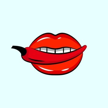 Sexy lips with chili pepper, red hot chili pepper in open mouth, Illustration in the cartoon style. Sexy lips with red chili pepper, beauty open mouth
