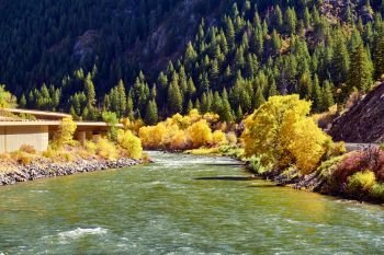 Landscape with autumn trees and river. Rocky Mountains, Colorado, USA. 