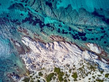 Beautiful rocky coastline top aerial view drone shot, Sithonia, Greece