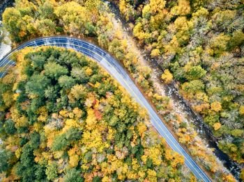 Scenic Mohawk Trail winding highway at autumn, Massachusetts, USA. Fall in New England. Aerial drone shot. 