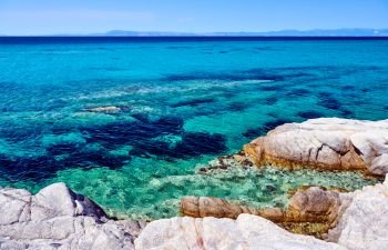 Beautiful rocky coast and turquoise sea water landscape, Sithonia, Greece
