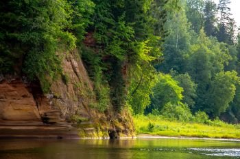 Landscape of cliff with cave near the river Gauja and forest in the background. The Gauja is the longest river in Latvia, which is located only in the territory of Latvia. 

