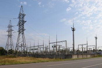 electric substation with power lines and transformers. transformer substation