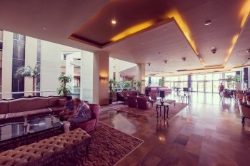 Luxury lobby interior of a modern hotel resort