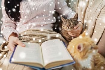 hygge, winter and people concept - close up of red and tabby cat and female owner reading book in bed at home over snow. red and tabby and owner reading book at home