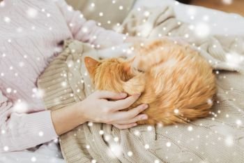 pets, hygge and winter concept - close up of female owner with red tabby cat in bed at home over snow. close up of owner with red cat in bed at home