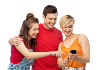 friendship and people concept - group of happy smiling friends with smartphone over white background. friends with smartphone over white background
