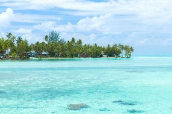 travel, tourism and summer vacation concept - palm trees and huts on tropical beach in french polynesia. palm trees and huts on beach in french polynesia