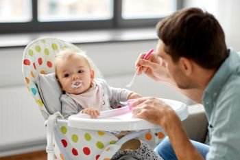 family, food, eating and people concept - father feeding little baby daughter sitting in highchair with puree by spoon at home. father feeding baby in highchair at home