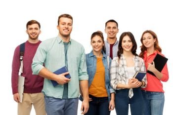 education, high school and people concept - group of smiling students with books over white background. group of smiling students with books