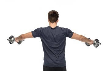 sport, bodybuilding, fitness and people concept - young man with dumbbells flexing muscles over white background from back. young man with dumbbells exercising