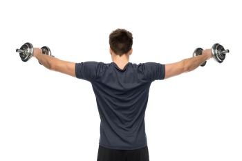 sport, bodybuilding, fitness and people concept - young man with dumbbells flexing muscles over white background from back. young man with dumbbells exercising