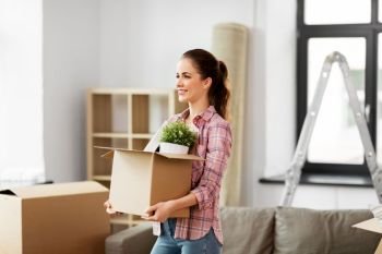 people, repair and real estate concept - smiling woman with stuff moving to new home. happy woman with stuff moving to new home