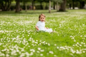 childhood, leisure and people concept - happy little baby girl at park in summer. happy little baby girl at park in summer