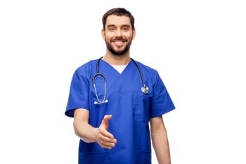 healthcare, profession and medicine concept - happy smiling doctor or male nurse in blue uniform with stethoscope giving hand for handshake over white background. smiling male doctor giving hand for handshake