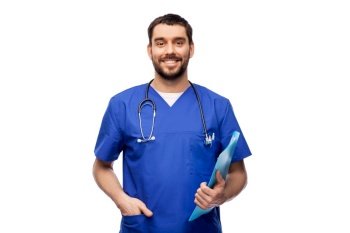 healthcare, profession and medicine concept - happy smiling doctor or male nurse in blue uniform with folder over white background. smiling doctor or male nurse with folder
