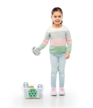 metal recycling, waste sorting and sustainability concept - smiling girl in striped t-shirt holding plastic box with tin cans over white background. smiling girl sorting metallic waste