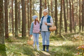 picking season, leisure and people concept - grandmother and granddaughter with baskets and mushrooms in forest. grandmother and granddaughter picking mushrooms