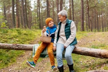 picking season, leisure and people concept - happy smiling grandmother and grandson with baskets and mushrooms in forest. grandmother and grandson with mushrooms in forest