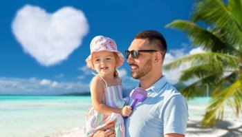 family, fatherhood and travel concept - happy smiling father with little daughter over tropical beach in french polynesia and heart shaped cloud on background. happy father with little daughter on beach