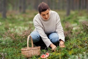season and leisure people concept - young woman with basket and knife cutting mushroom in autumn forest. young woman picking mushrooms in autumn forest