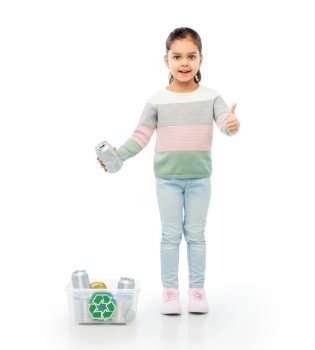 metal recycling, waste sorting and sustainability concept - smiling girl in striped t-shirt holding plastic box with tin cans showing thumbs up over white background. girl sorting metallic waste and showing thumbs up