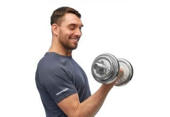 fitness, sport and bodybuilding concept - happy smiling man exercising with dumbbells over white background. happy smiling man exercising with dumbbells