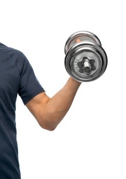 fitness, sport and bodybuilding concept - close up of man exercising with dumbbell over white background. close up of man exercising with dumbbell