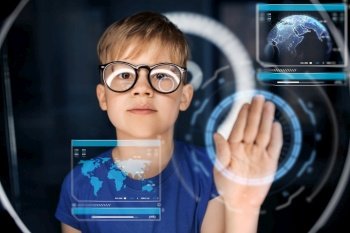 future technology, augmented reality and cyberspace concept - happy smiling boy in glasses touching virtual screen projection over white illumination in dark room. boy in glasses over illumination in dark room