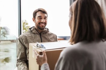 shipping, transportation and people concept - delivery man with parcel box and clipboard talking to customer at home. delivery man with parcel box and customer at home
