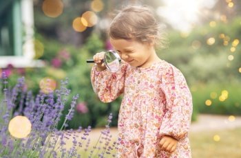 childhood, leisure and people concept - happy little baby girl with magnifier looking at lavender flowers in summer garden. baby girl with magnifier looking at garden flowers