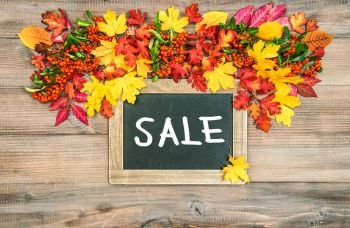 Autumn background with colorful leaves. Wooden texture. Vibrant colors. Sample text sale