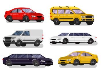 Stylish flat Car. Transport car Symbols collection, limousine black and white, family car, sedan car and truck. Vector car. Stylish Retro Car 