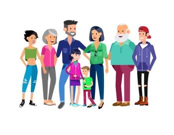 Set of big happy family character, Mom and Dad, grandparents, parents and children, brother and sister, son and daughter. Portrait of a big happy family. Vector family character. Set of big happy family character