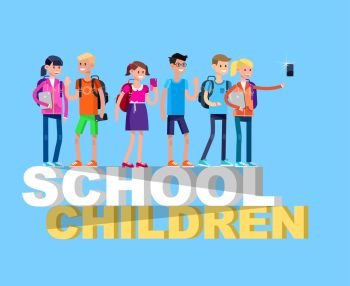 Vector detailed character flat design children students boy and girl. Schoolchildren, Kids  smiling holding Gadgets and backpacks. Primary or elementary school children. Vector detailed character flat design children students