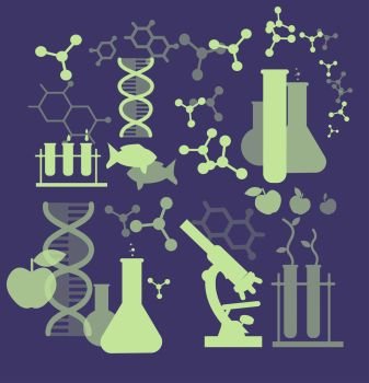 Biotechnology science icons concept, composition of genetic engineering science, nanotechnology science and genetic modification science with microscope. Selfie shots family and couples vector